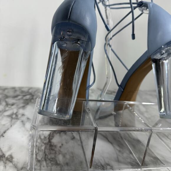 Aldo Onardonia Ankle Wrap Heels Blue Square Toe Clear Heel Glass Slipper Size 10 - Picture 11 of 13